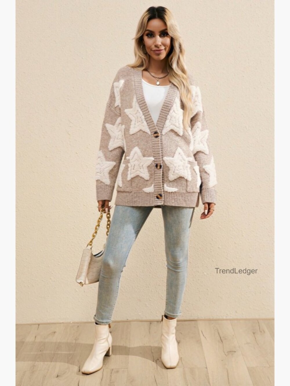 Womens Sherpa Star Pattern Cardigan with Pockets Casual Knit Coat Open Front V - Picture 7 of 7